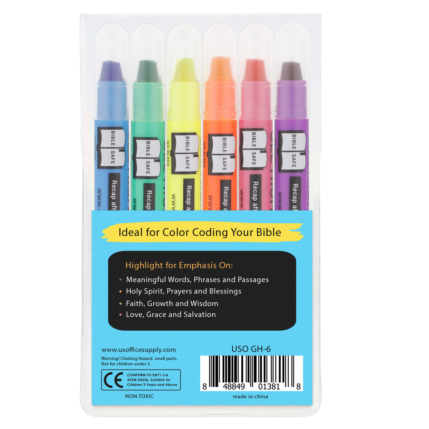 U.S. Office Supply Bible Safe Gel Highlighters, 6 Pack Set - 6 Different  Bright Neon Fluorescent Highlight Colors Yellow, Orange, Pink, Purple,  Green, Blue - Won't Bleed, Fade or Smear - Study Guide 